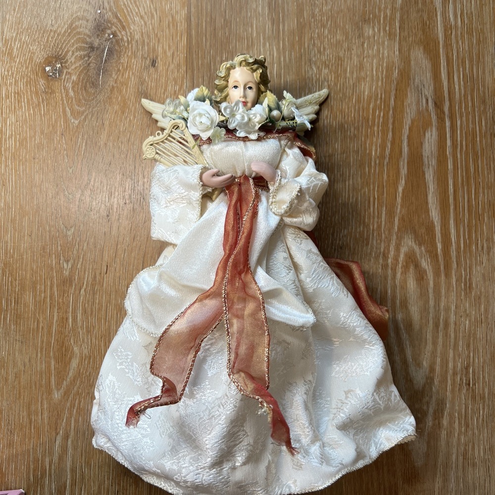 12" Christmas tree topper angel w/ivory/white Vintage‎